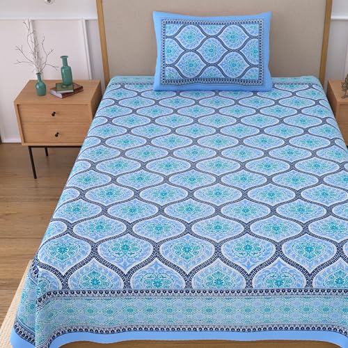 Image of 100% Cotton Single Bedsheet with 1 Pillow Cover | 240 TC Pure Cotton Flat Bed Sheet | Traditional Jaipuri Printed Bedding Set | Soft & Breathable | 60 x 90 Inch (Rangmahal Single 14)