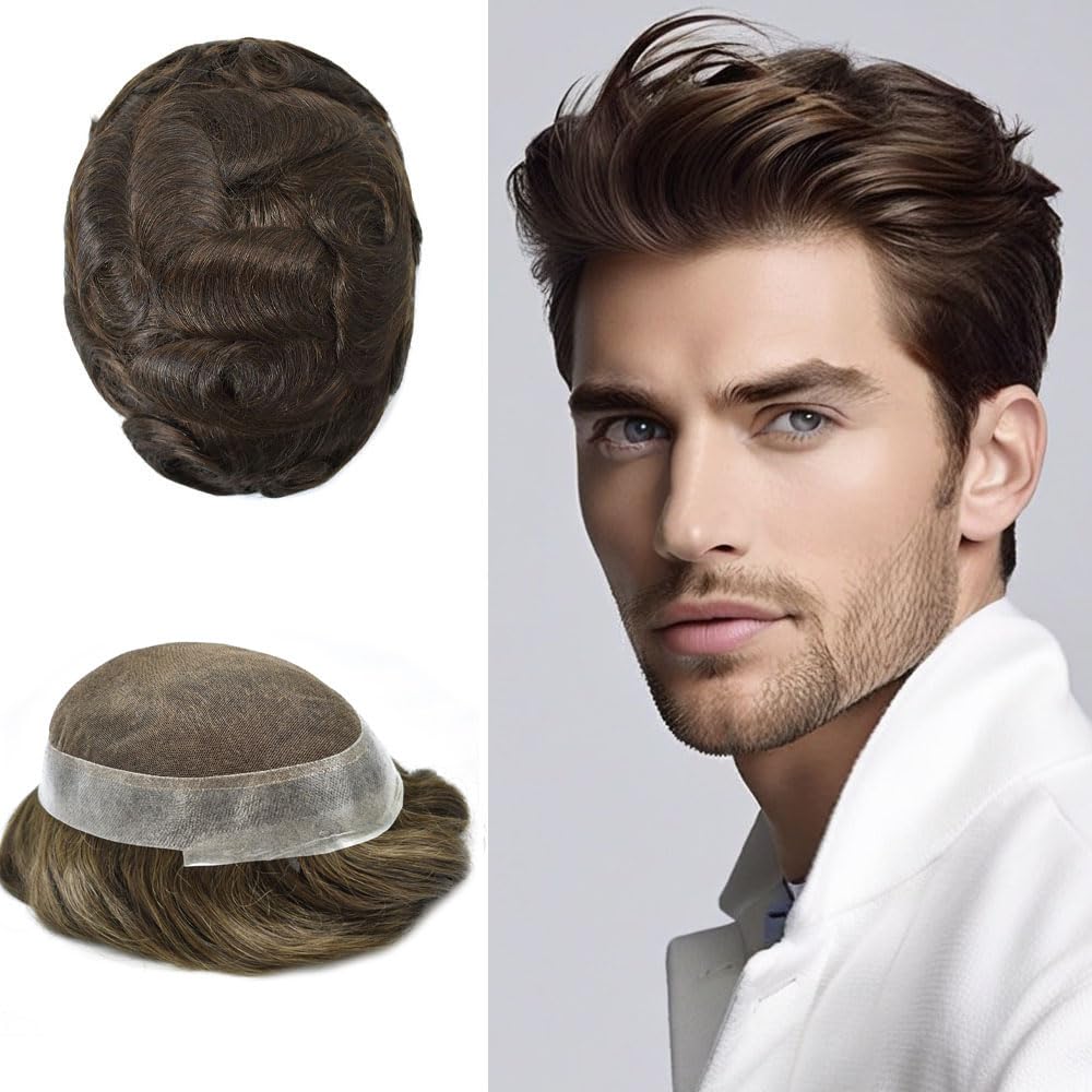 Lace Front Mens Toupee Human Hair System Swiss Lace Center Toupee for Men Thin Skin PU Around Hair Replacement System V-Looped Mens Hair Wig Units, 8X10