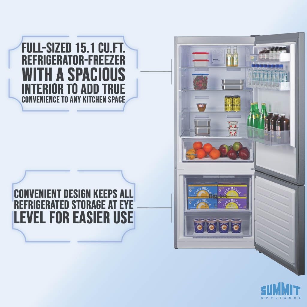 Summit 28" Bottom Freezer Refrigerator, Refrigerator- Freezer, Energy Star, Stainless Steel - FFBF154SS (Right Hand Door)