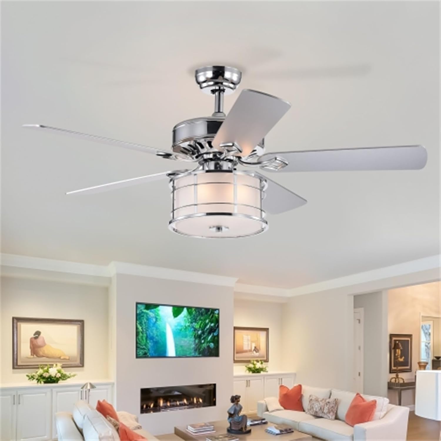 52" 3 Light Chrome Drum Shade LED Ceiling Fan + Remote Control, Lighted Ceiling Fan, Ceiling Fan Light, Traditional Farmhouse Rustic, Bohemian Transitional, for Home, Kitchen, Living Room