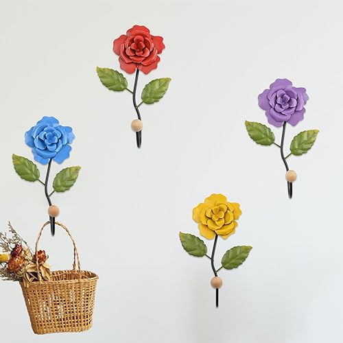 Miniatura 5 de MOROBOR 4 ganchos decorativos de hierro rosa, soporte para llaves de flores, colgador de abrigo de una sola punta para pasillos, sala de estar y