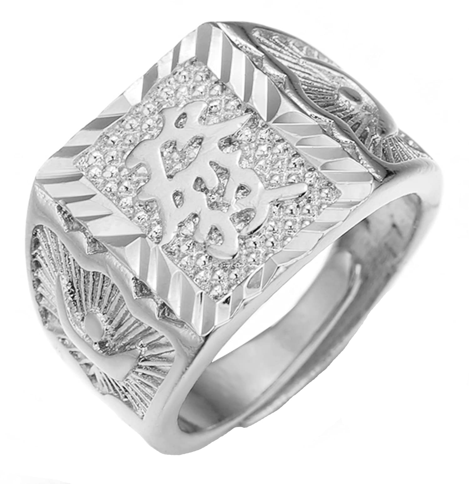 HALUKAKAH ● Gold Bless All ● Men's 18K Gold Plated/Platinum White Gold Plated Dense Diamond Set Kanji Ring Rich/Luck/Wealth Set Size Adjustable with Free Giftbox