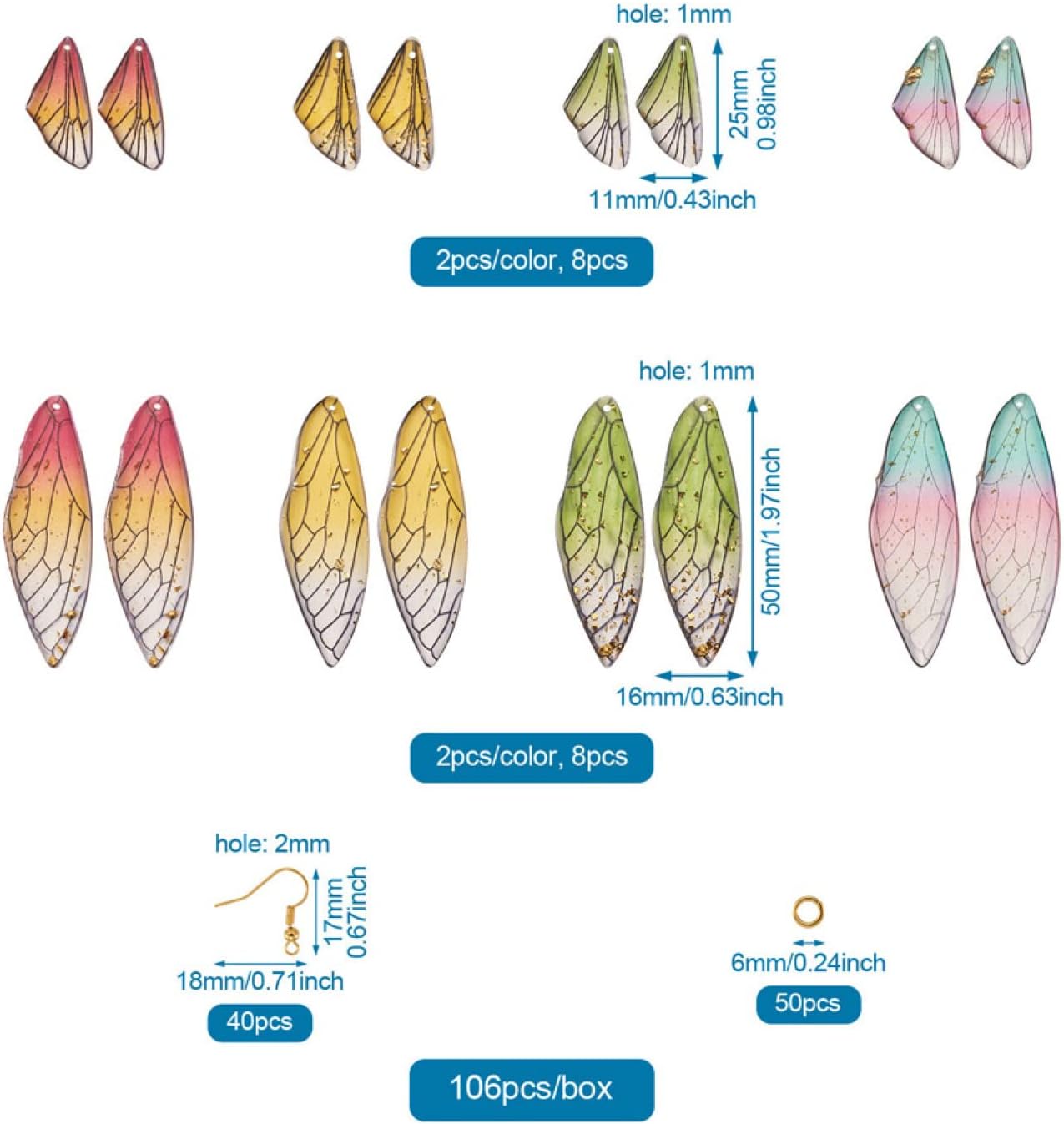 FASHEWELRY 16Pcs Resin Wing Charms Butterfly Wings Earring Charms Colorful Dragonfly Wings Pendants with 90Pcs Jump Rings Earrings Hooks for DIY Earring Jewelry Making - Image 6