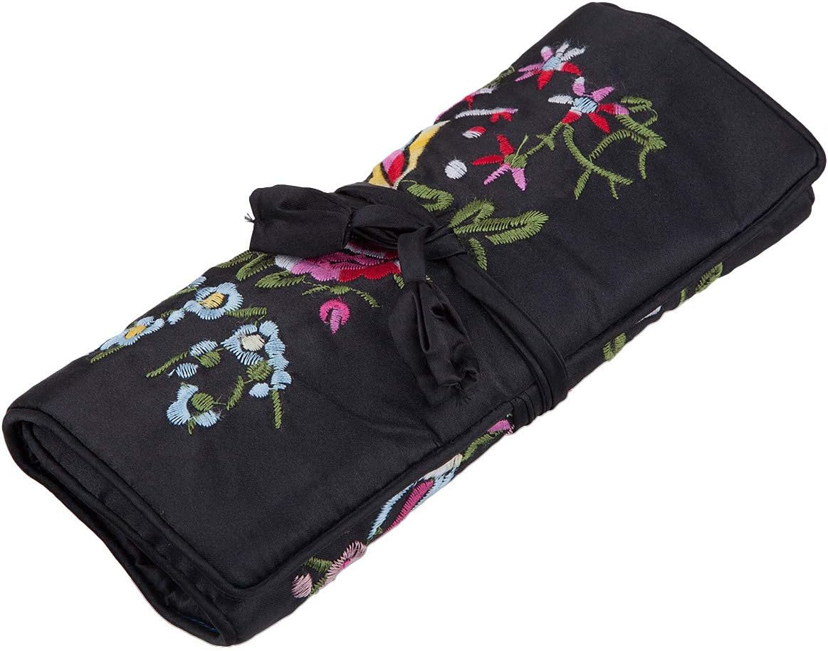 Embroidery Travel Jewelry Bag Roll Embroidered Flower and Bird Brocade Organizer with Tie Close