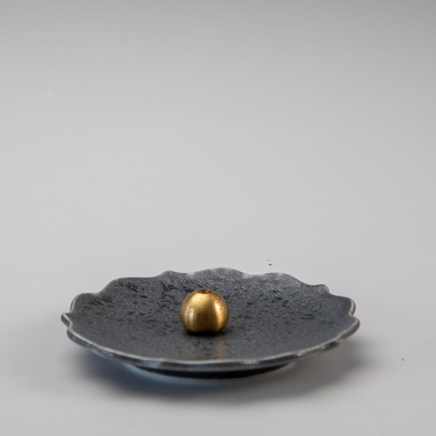 Asayu Japan Incense Holder - Matte Gray Crystal “Kikyo” Flower Shape - Mino Ware Ceramic Ash Catcher Plate with Brass Holder (Ginnezu Kikyo)