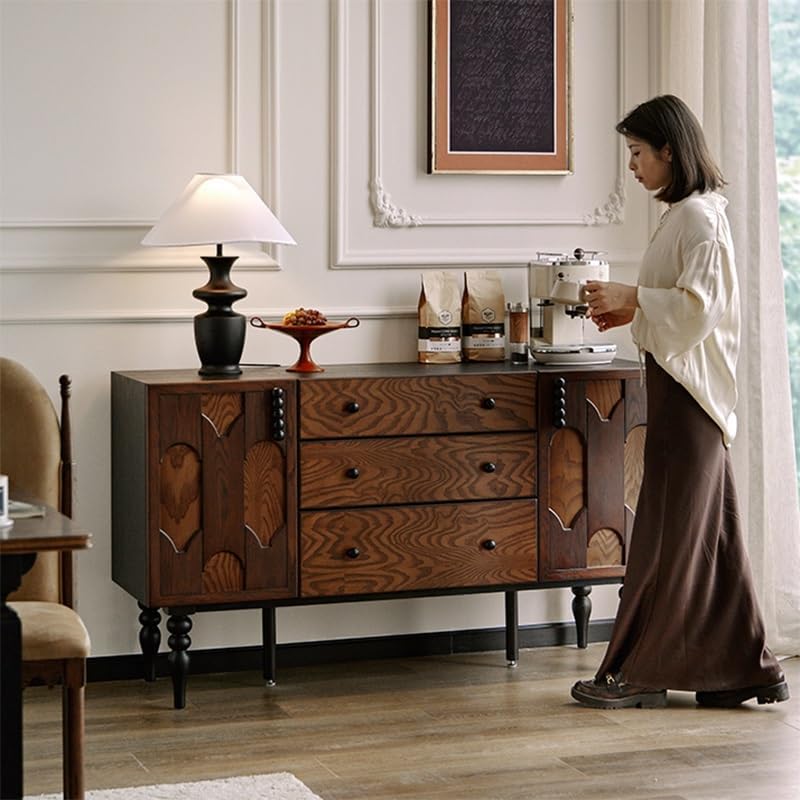 Sideboard Cabinet 148x45x85cm Retro Solid Wood Bar Side Cabinet, Wall-Mounted Living Room Storage Furniture, Kitchen and Entrance Decoration Sideboard Cabinet with Drawers