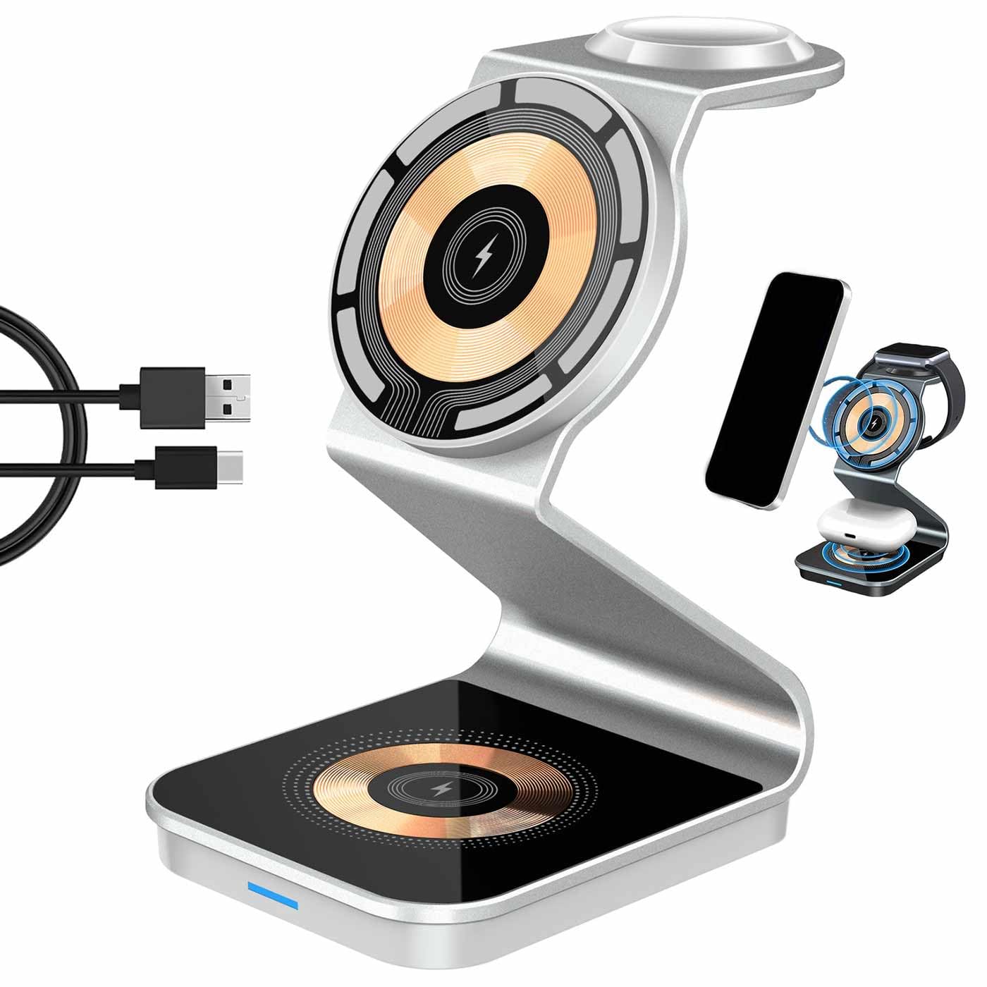 Triomag Charger - 3 in 1 Wireless Charging Station,All in 1 Charger,Clean Desk Wireless Charger,Travel Wireless Charger,Foldable Magnetic Wireless Charger for Mobile Phones,Watches,Headphones (White)