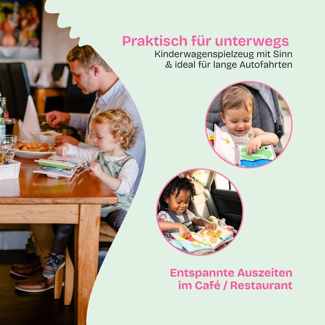 Jolly Designs – Mini Quiet Book Peek-a-Boo – Montessori Spielzeug ab 6 Monaten – Motorik & Sinneswahrnehmung fördern – Stoffbuch für Babys – Handgefertigtes Filzbuch – Perfekt für unterwegs & Reisen