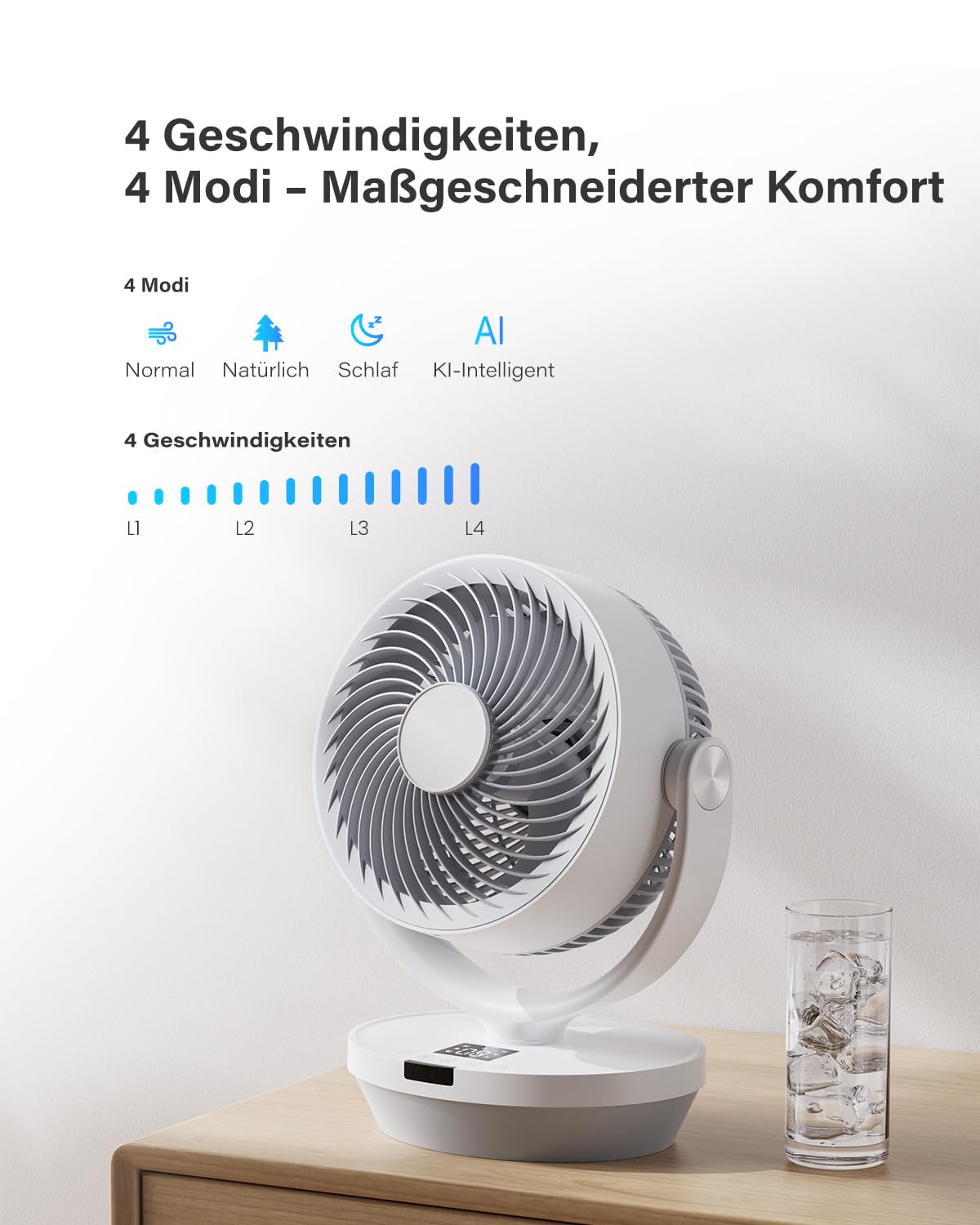 Tischventilator Leise für Schlafzimmer Büro 25dB, 33CM Ventilator mit Fernbedienung, Turbo Luftzirkulator, 120° vertikal manuell + 90° oszillierender, 4 Geschwindigkeitsstufen, 4 Modi, 12H Timer