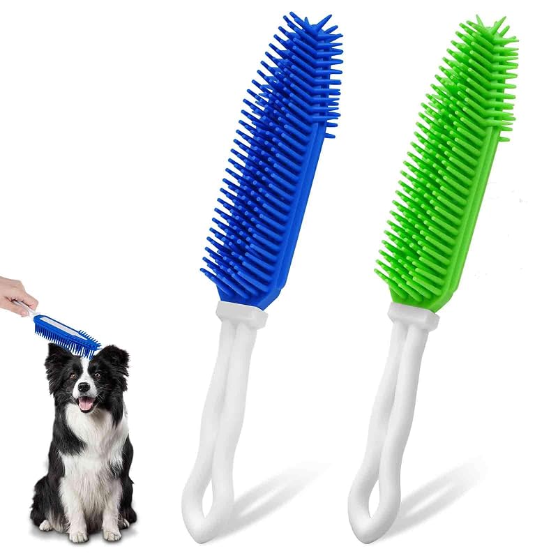 Escova de Silicone para Banho e Tosa de Cães e Gatos BRILLIRARE BB24-2BG, com Cabo, Verde e Azul, Pacote com 2