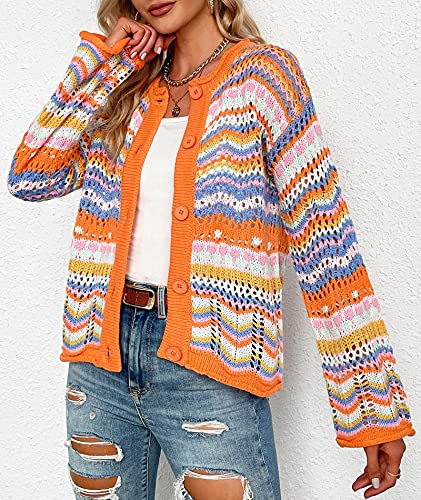 Image of xxxiticat Women's Rainbow Knitted Cardigan Sweater Long Sleeve Multicolor Striped Sweater Jumpers Open Front Jacket