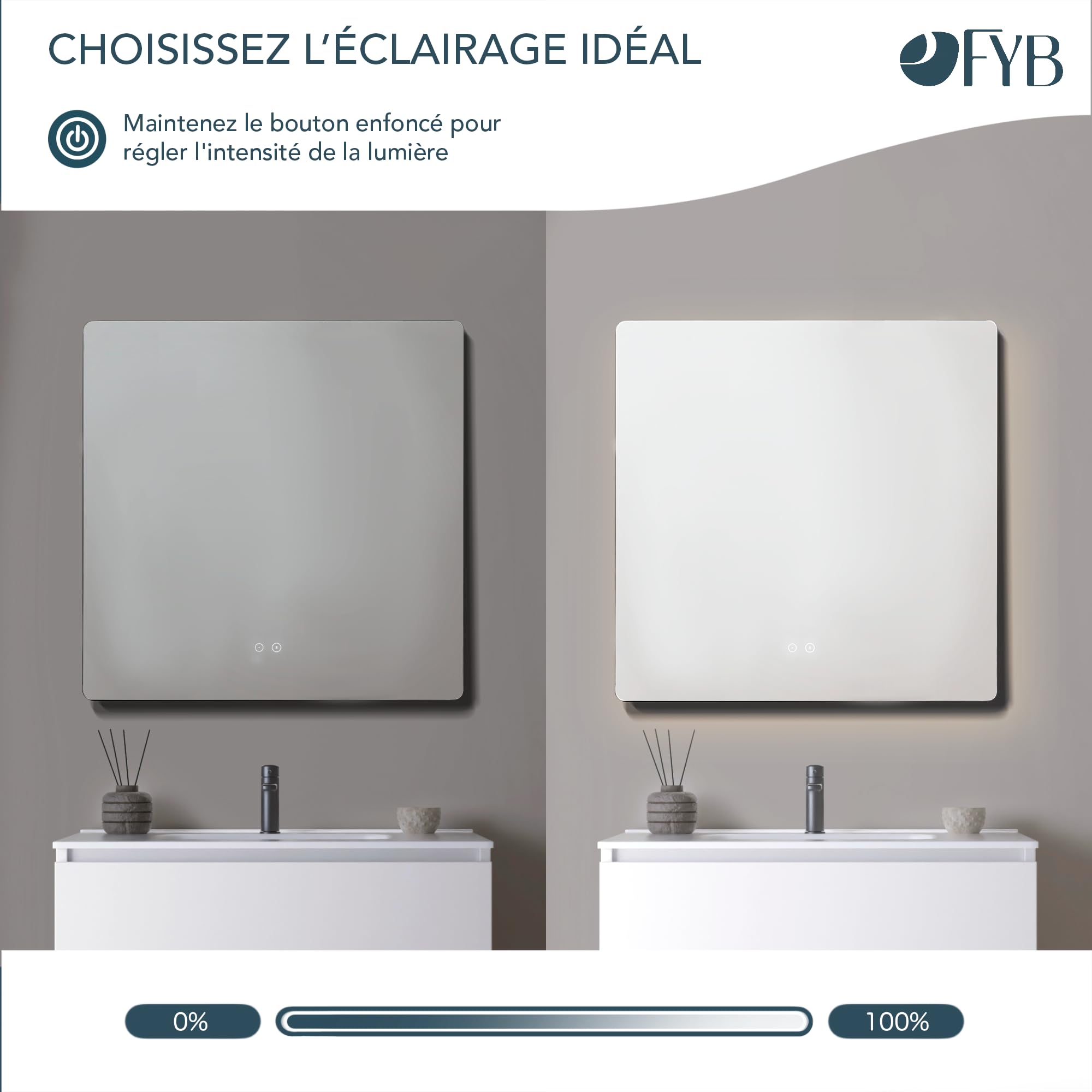 Miroir de Salle de Bain carré 80x80 avec lumière LED réglable, Fonction antibuée, Interrupteur Tactile, Verre trempé pour Salle de Bain Moderne, Usage Quotidien et Finition élégante