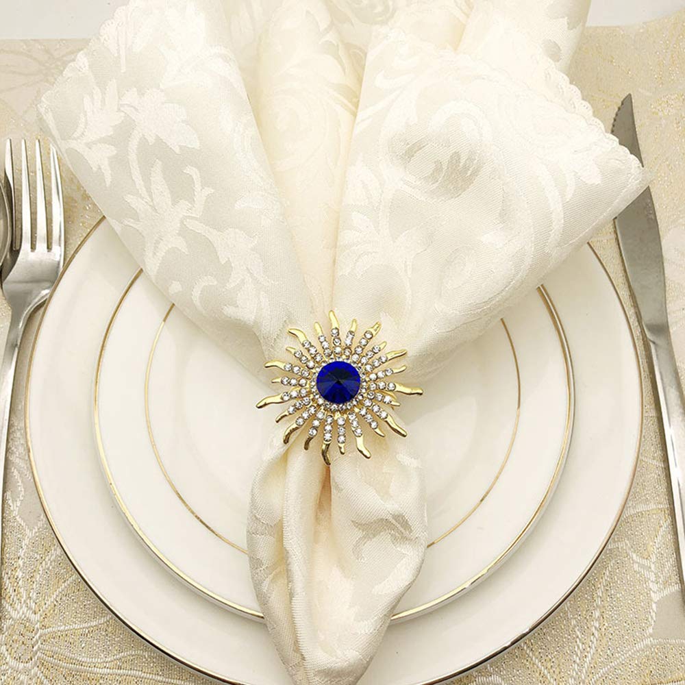 QTKJ Set of 6 Sunflower Napkin Rings Blue Crystal Napkin Buckles Holder for Wedding,Parties, Dinners, Christmas, Holidays Decor (Gold)
