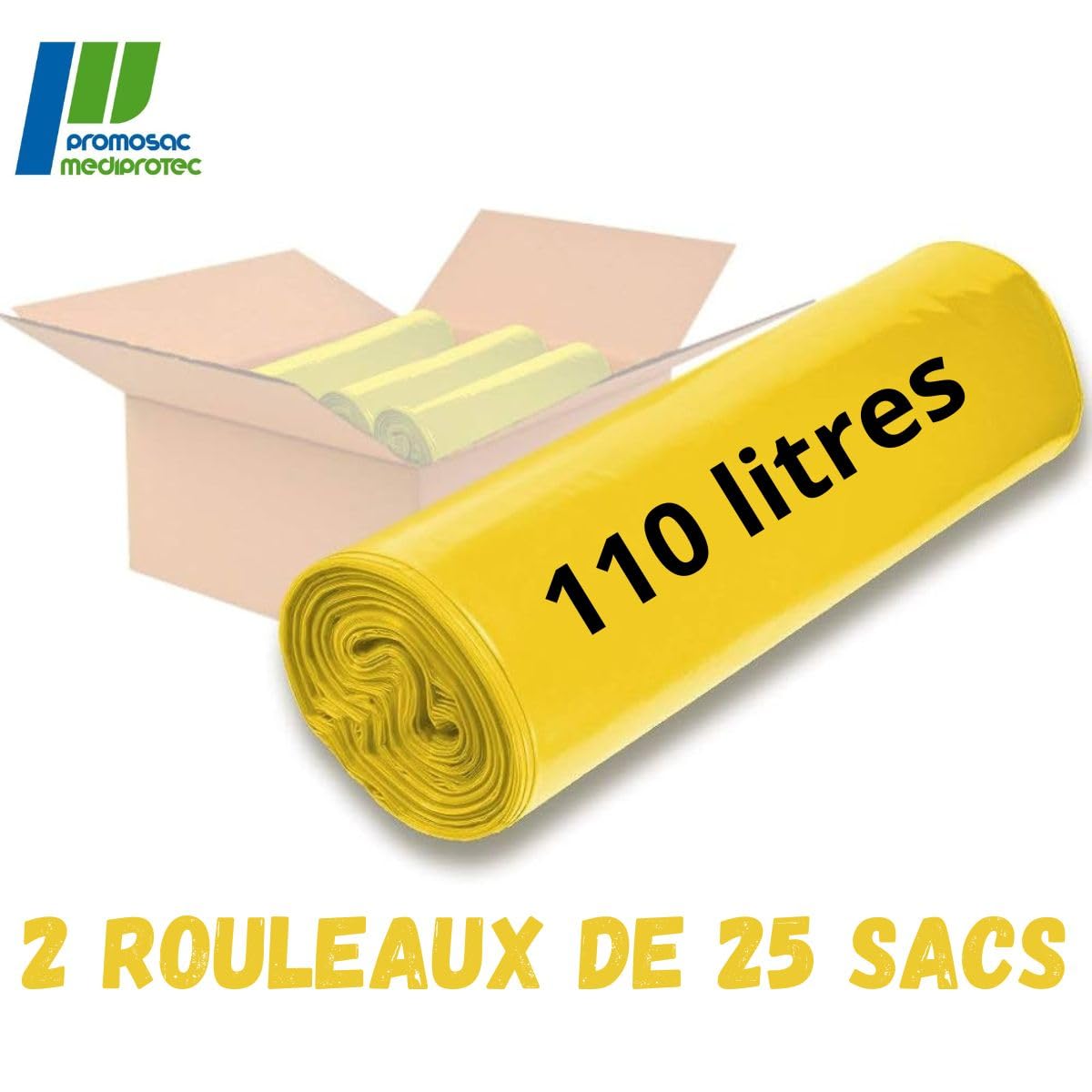 Bolsa de basura amarilla de 110 litros, clasificación selectiva | Lote de 50 bolsas de baja densidad 30 micras (30µ) | Papeleras de cartón - Periódicos - Botella de plástico - Embalaje de metal |