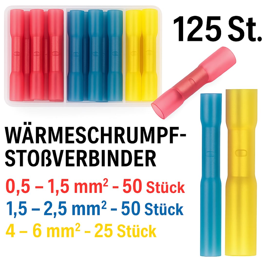SWG Wasserdichte Stoßverbinder Set, 125 Stück, Rot/Blau/Gelb, 0,5-6mm², -55°C bis +125°C