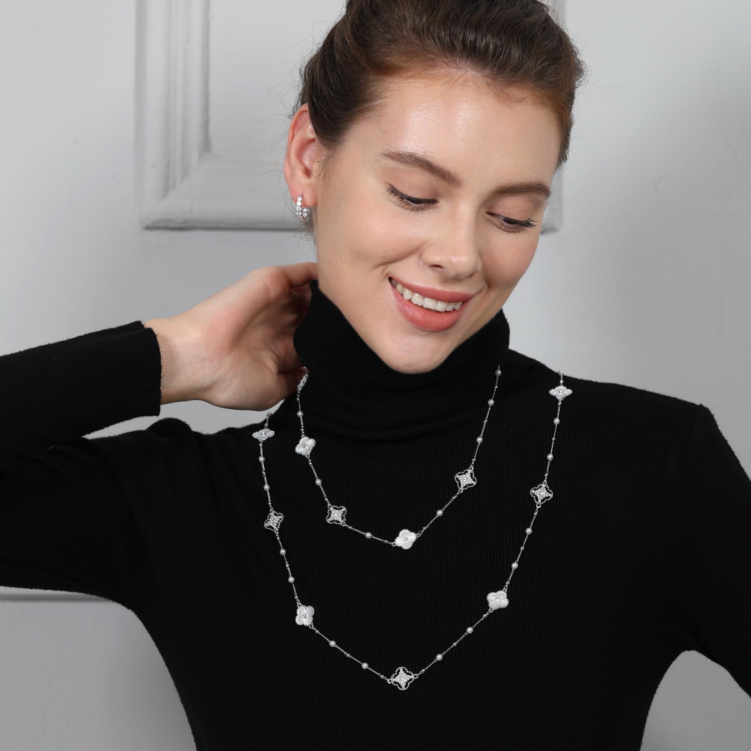 14K Gold Plated Four-Leaf Clover Pearl Necklace, Lucky Jewelry - Layered and Stacked Design, Size 18 Inches, Suitable for Daily Wear and Gift Selection, Suitable for Both Men and Women