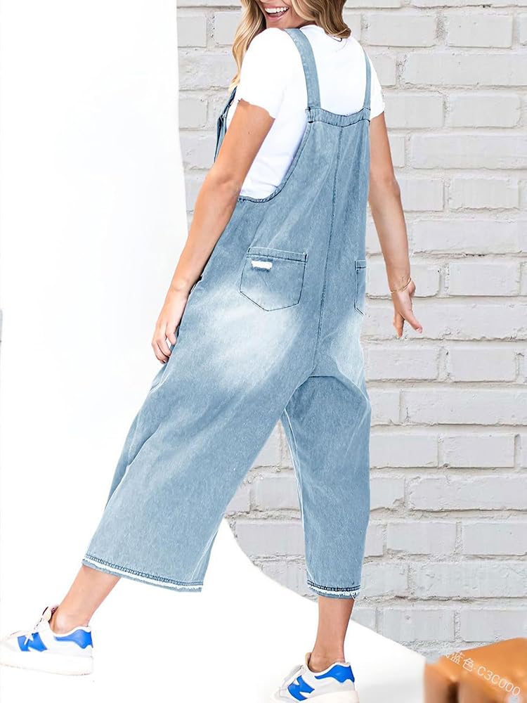 Generico Salopette in denim con bretelle regolabili larghe da donna, salopette in jeans, tuta larga a gamba larga usurata