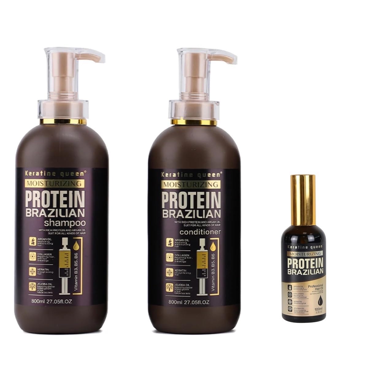 Moisturizing Protein Brazilian Professional Treatment for Repair, Nourishment & Beauty. SHAMPOO, CONDITIONER, Hair MASK and Hair SYRUM. (Shamp/Condi/Mask (3))