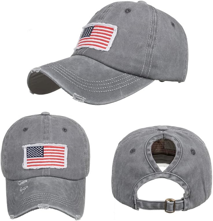 INOGIH Women American Flag Ponytail Hat Embroidery Washed-Cotton Messy Bun Baseball-Cap Adjustable - Image 4