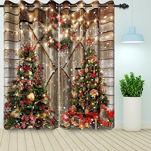 Bovlleetd Rustic Wood Christmas Blackout Curtains Set 2 Panels for Living Room Bedroom Christmas Tree Xmas Eve Party Energy Efficient Thermal Insulated Grommet Blackout Curtains 140x145cm 2 Pieces