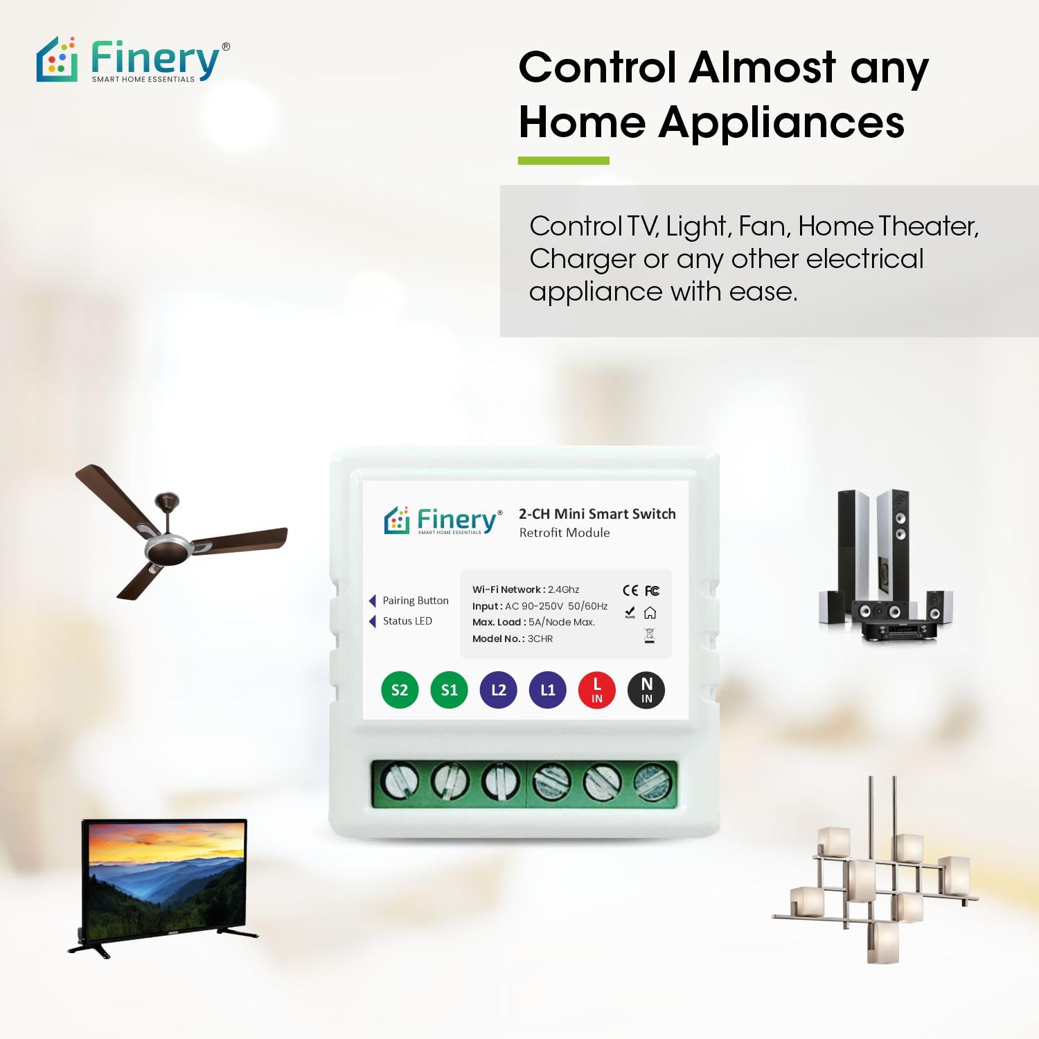 Finery® 2-Node Wi-Fi Smart Switch Power Monitoring Retrofit 10A supports manual button Compatible with Alexa & G Home (2-Node) 2