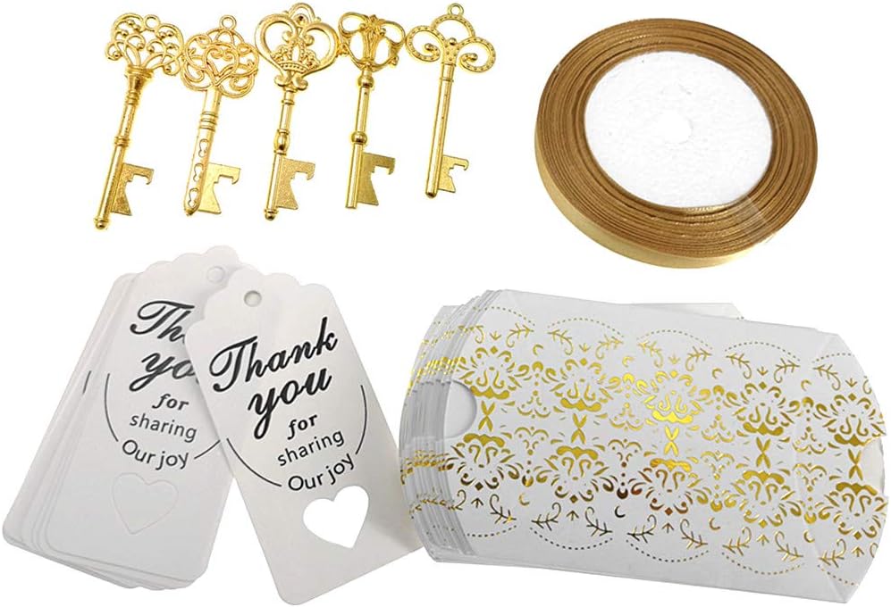 Best Cyber Monday 🔥 Kinteshun Wedding Party Favor Set,Skeleton Key Bottle Openers Candy Boxes Escort Tags and Ribbon Souvenir Gift Set(Gold Tone,50 sets with 5 Styles)