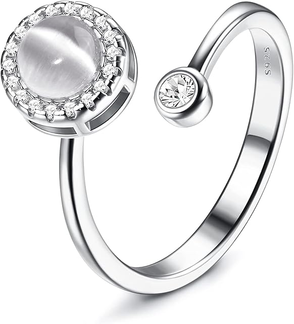 MILACOLATO 925 Sterling Silver Fidget Rings For Women Girl Open Adjustable Anxiety Rings Spinner Ring Moonstone Opal Rings Stackable Knuckle Promise Wedding Engagement Rings with Gift Boxed