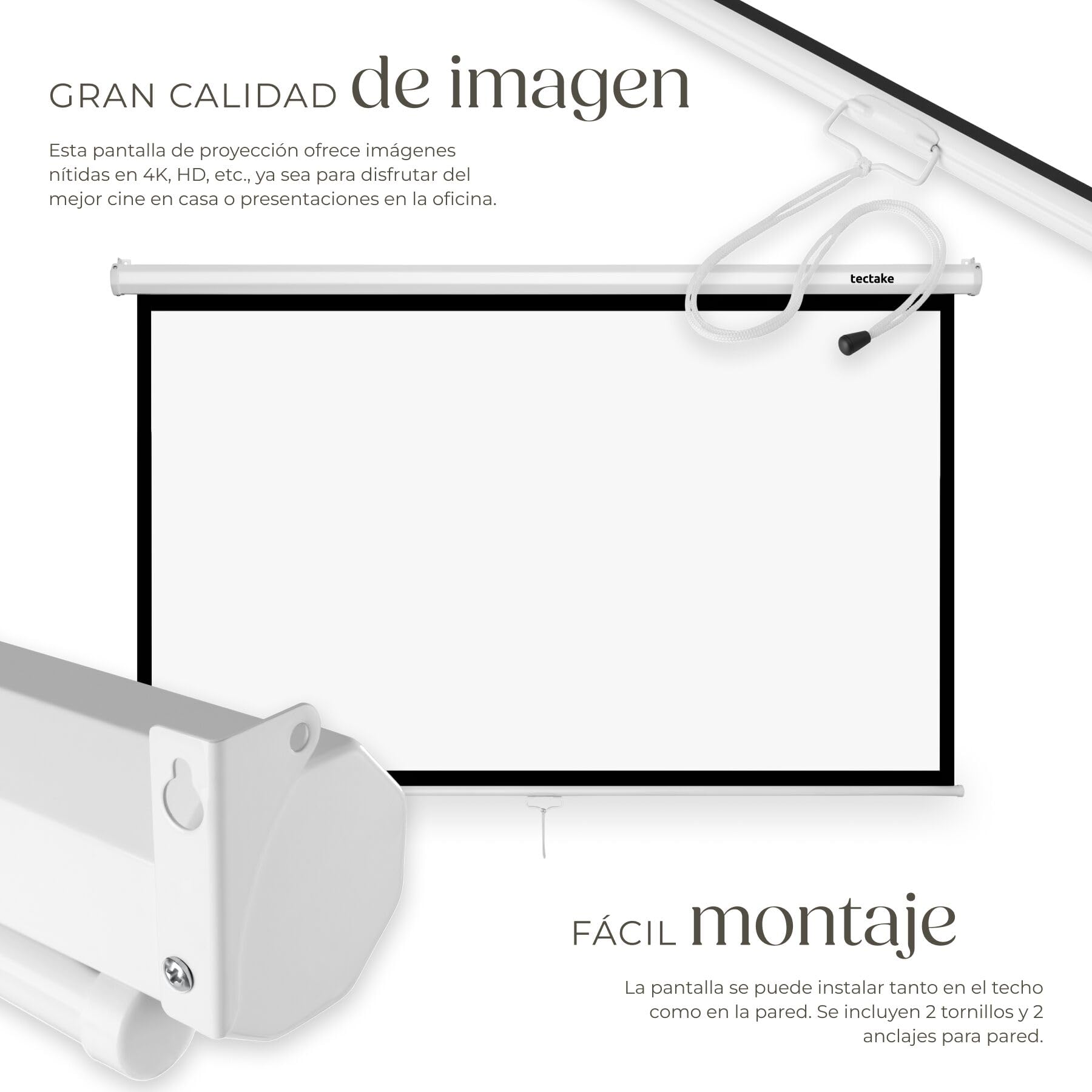 tectake® Pantalla Proyector Enrollable 84 Pulgadas16:9 para Instalación en Pared o Techo, Pantalla para Proyector HD, Tela Proyector Extensible y Lavable - 201 x 128 cm