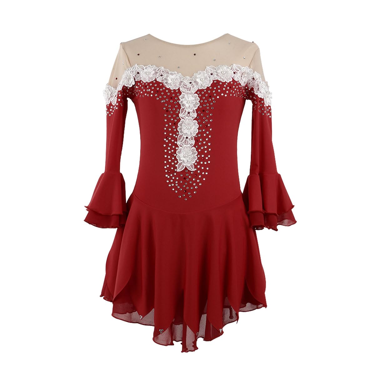 Sukienka łyżwiarska dla kobiet, dziewcząt, strój do tańca baletowego, strój stras, długie rękawy, trykot gimnastyczny, czerwony (wine red), XXS
