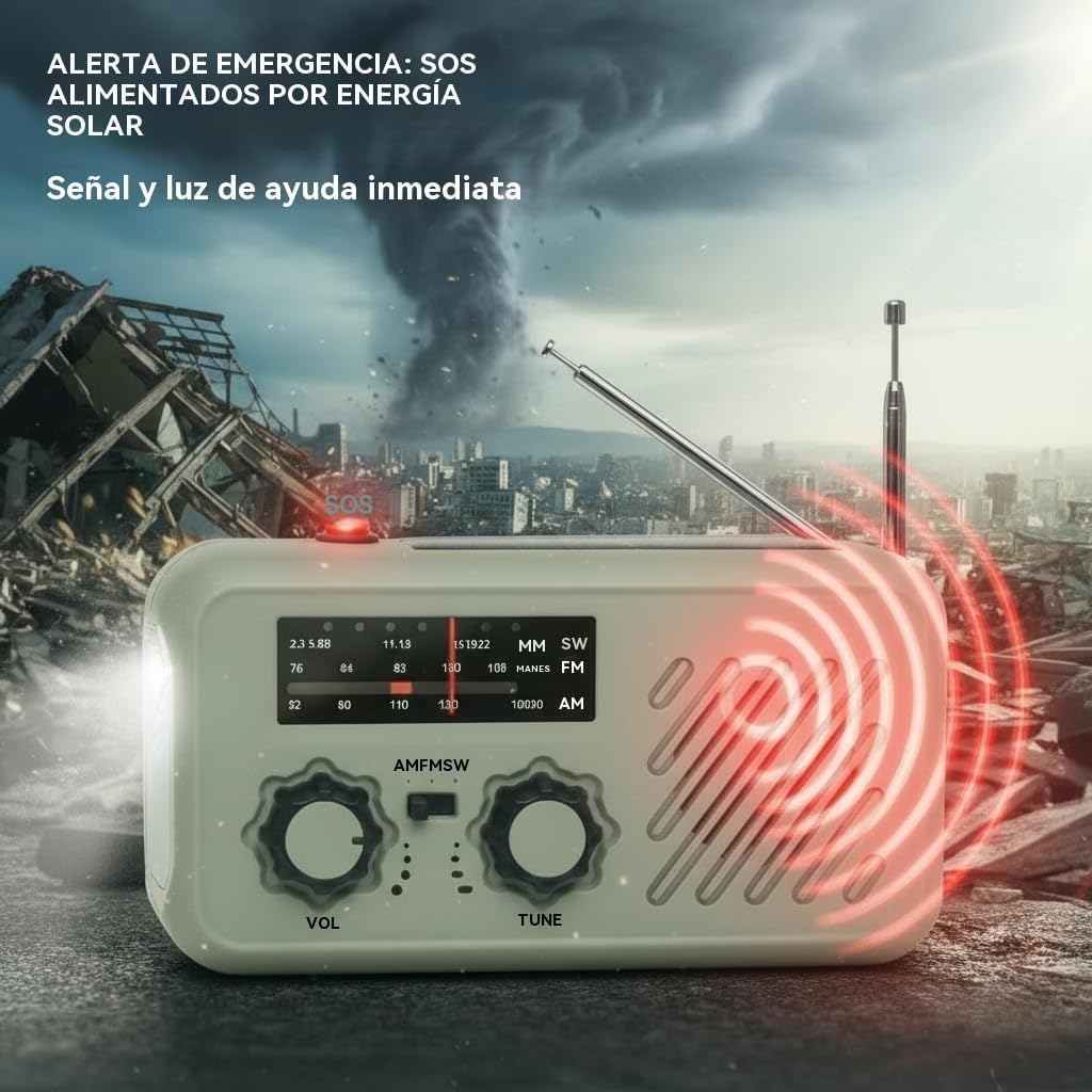 Radio de Emergencia Solar y Manivela, Radio FM/AM Portátil con Linterna LED, Luz de Lectura y Powerbank 2000mAh, Alarma SOS – Ideal para Camping, Regalo Hombre y Apagones