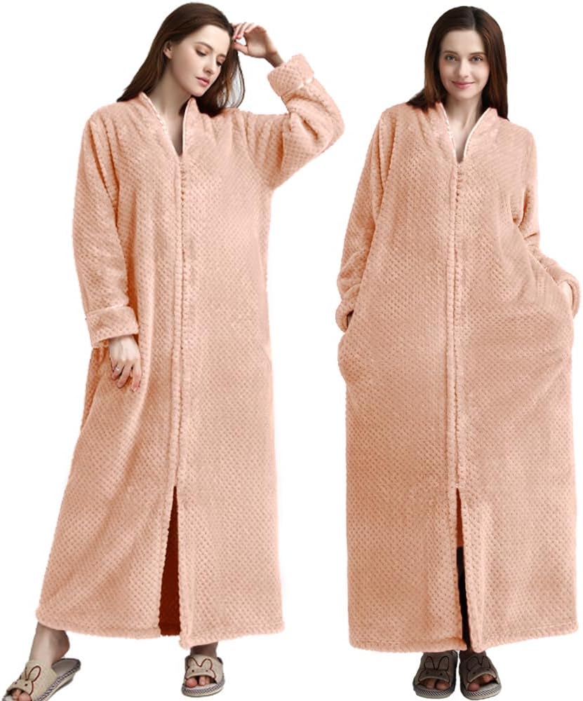 Oksun Womens Fleece Warm Robe: Cozy Flannel Long Zipper Bathrobe - Plush Winter Housecoat Nightgown - Image 5
