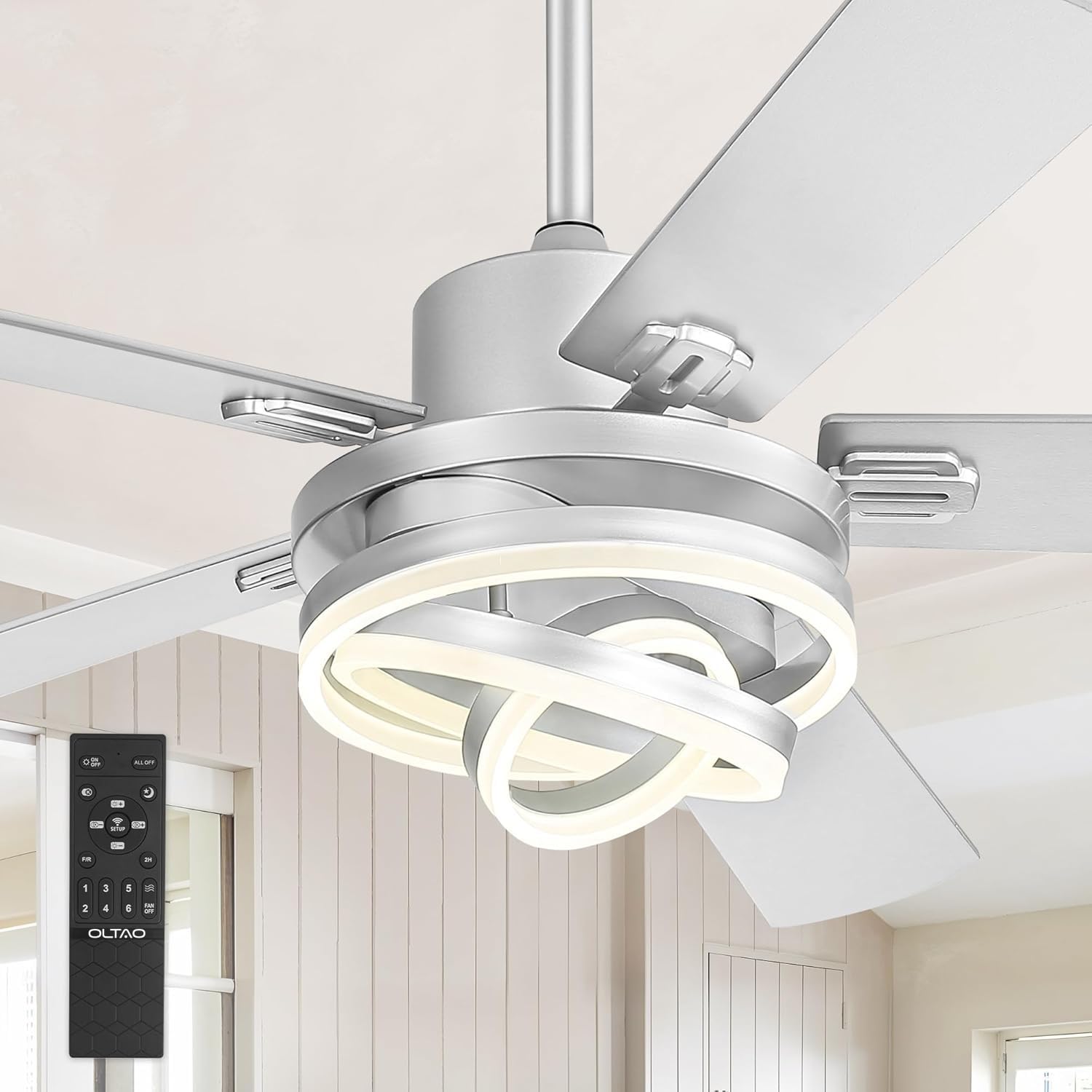 oltao Enigma 52" Modern Ceiling Fans with Lights,Silver Chandelier Fan with 6-Speed Dimmable LED and Quiet Reversible DC Motor with 5 Dual Finish Blades for Bedroom Living Room (Silver, 52 inches)
