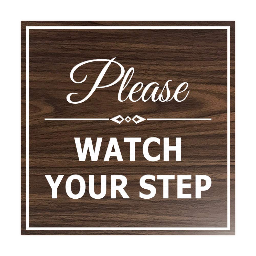 Signs ByLITA Square Classy Please Watch Your Step Sign | Safety Sign with Easy Installation (Walnut) - Medium 1 Pack