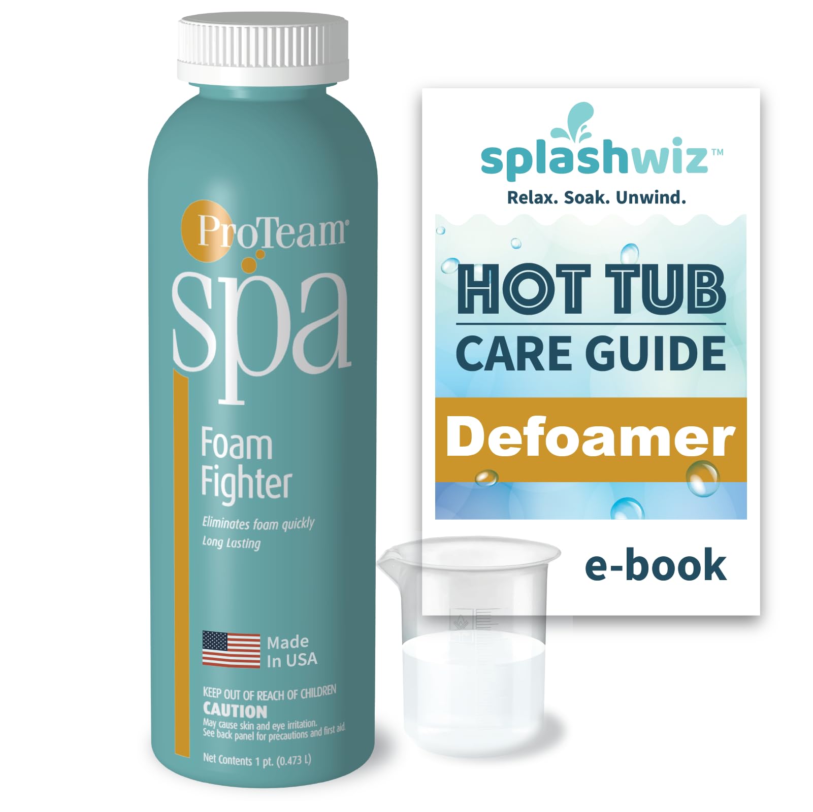 ProTeam Spa Foam Fighter – Éliminateur de mousse de spa aide à la mousse du duvet pour jacuzzi avec guide d'entretien SplashWiz des produits chimiques pour jacuzzi – Fabriqué aux États-Unis (1 pt)