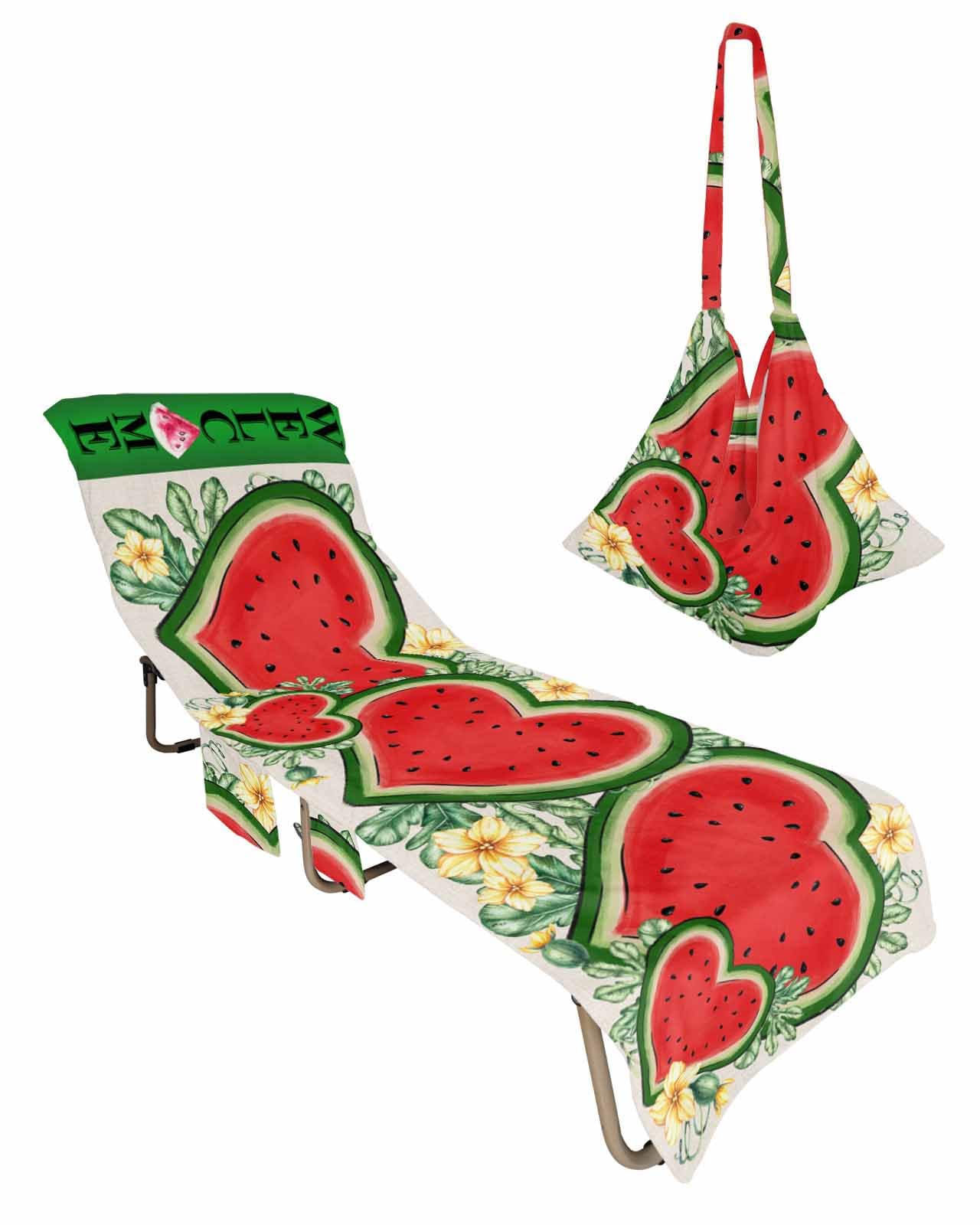 Red Green Watermelon Beach Chair Towel Covers for Chaise Lounge with Side Pocket, Soft Plush Pool Towels Cover for Patio Sunbathing Outdoor 29''x85'' Summer Botanical Plant Leaves