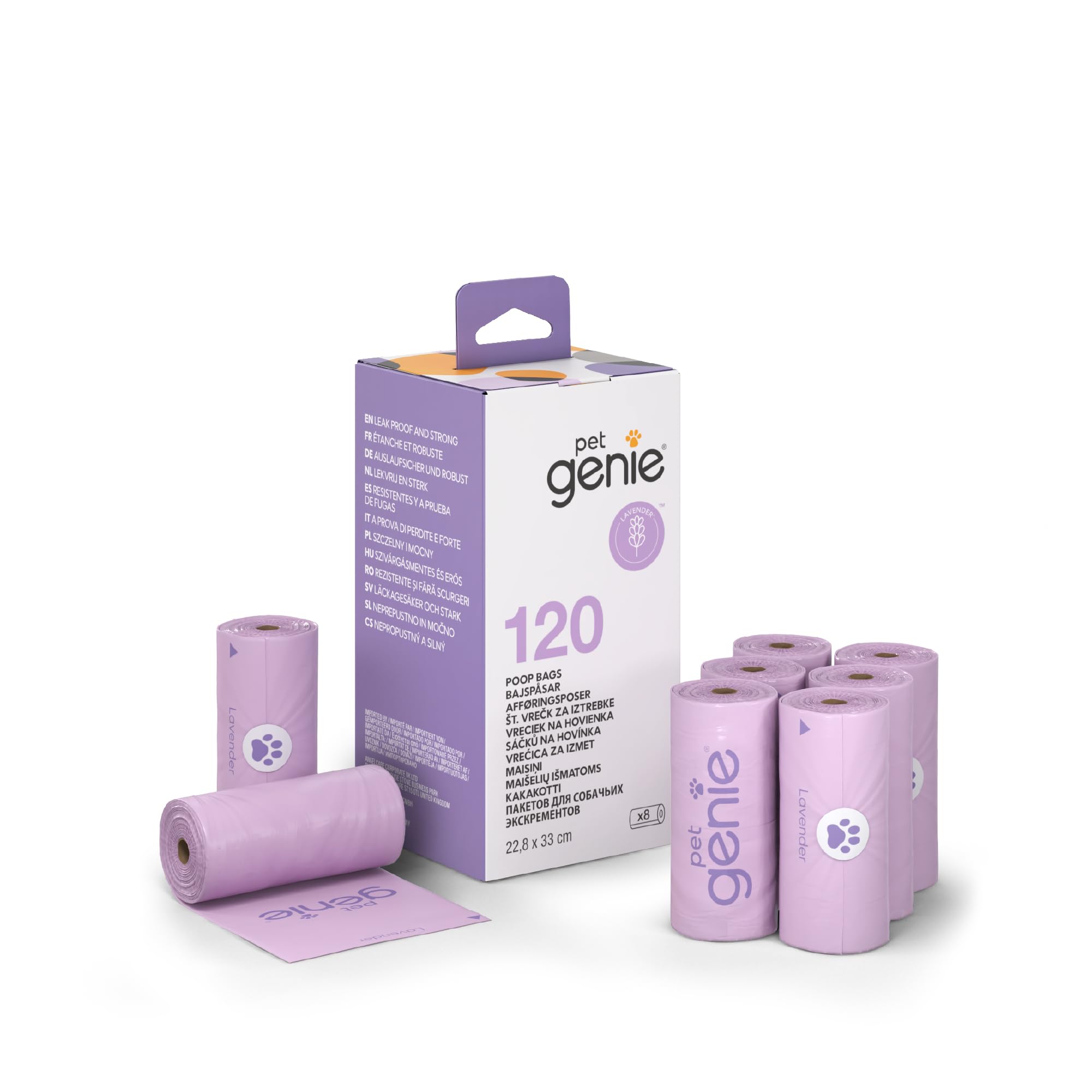 Pet Genie W podróży – worki na odchody dla psów na rolce, szczelne i bardzo grube worki na odchody dla małych i dużych psów, o zapachu lawendy, 120 sztuk, 8 rolek