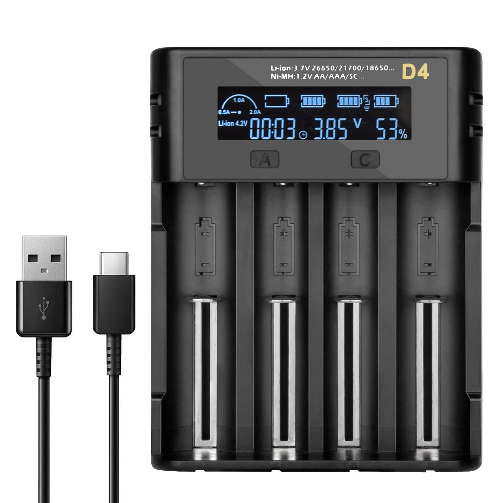 Photo 1 of ?Smart 18650 Battery Charger, Universal 4 Port Charger with LCD Display for Rechargeable 14500 18500 18650 18700 20700 21700 22650 26650, 1.2V Ni-MH/Ni-Cd AA AAA C (Batteries not Included)