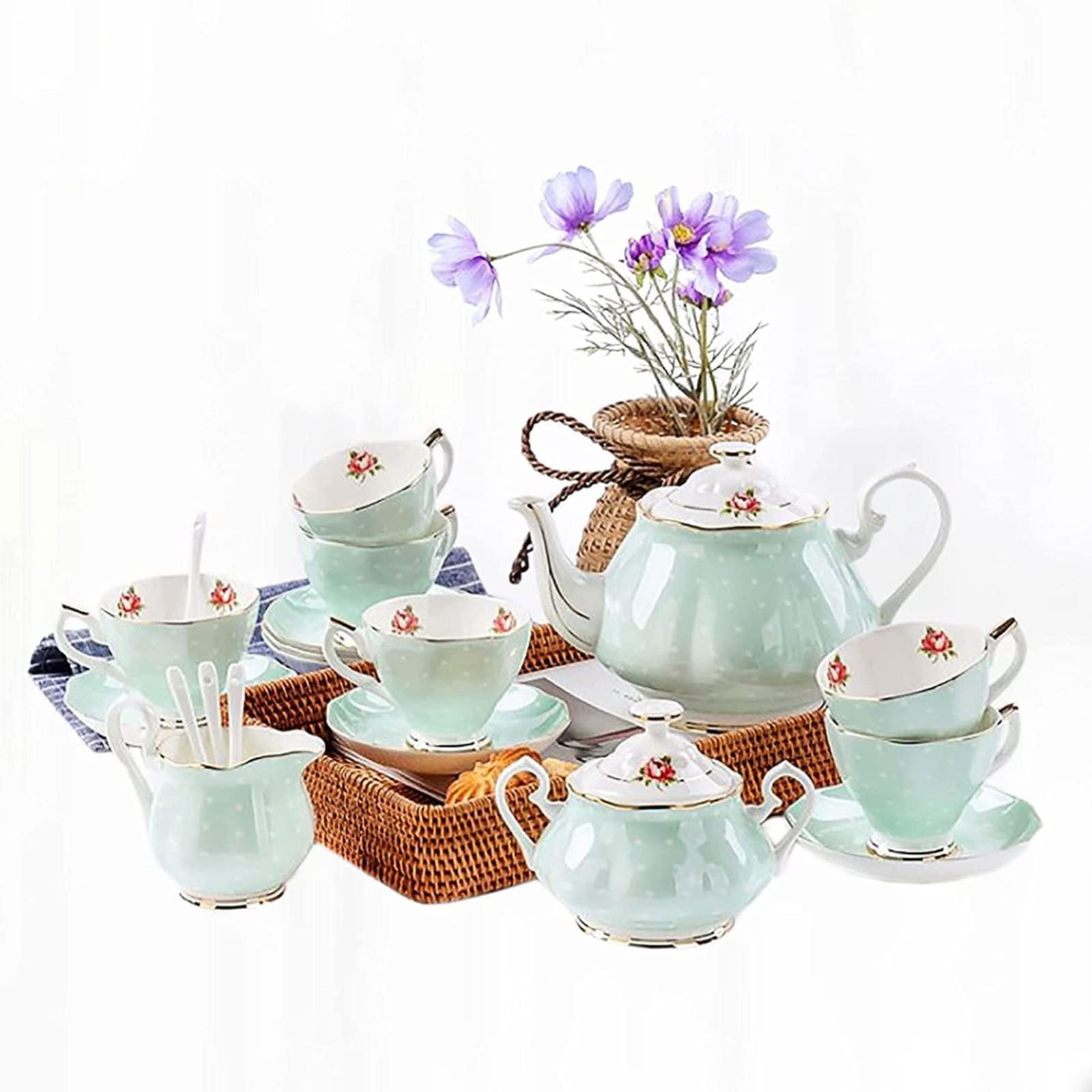 SFDPDM Servizio da tè in Porcellana per La Casa, 15 Pezzi Semplici Servizi da tè in Ceramica Inglese Insieme a Teiera Zuccheriera Lattiera Tazze da tè e caffè in Ceramica