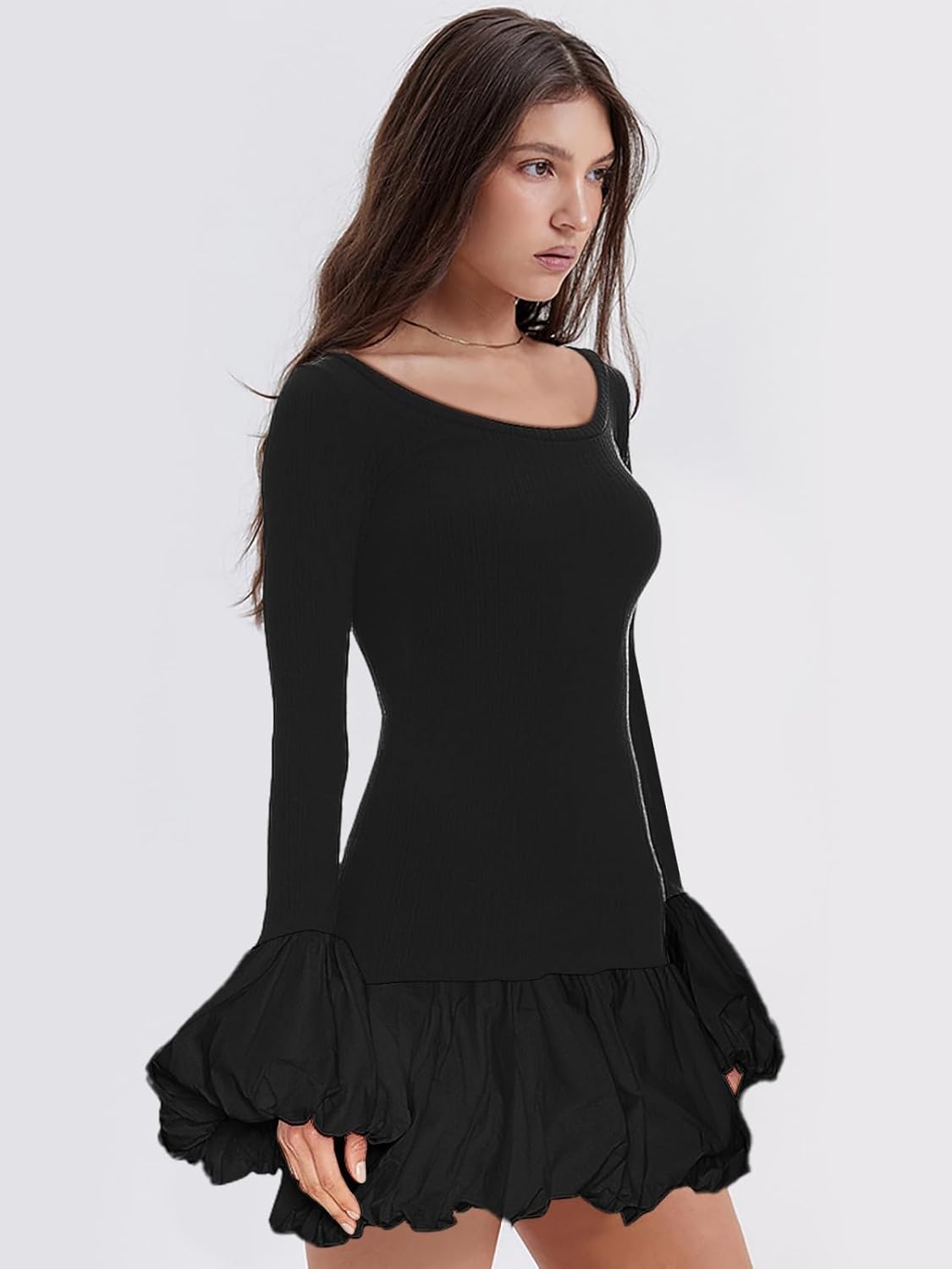 Women's 2025 Fall Dress Sexy Crew Neck Puffy Long Sleeve Bubble Party Club Bodycon Mini Dresses - Image 3