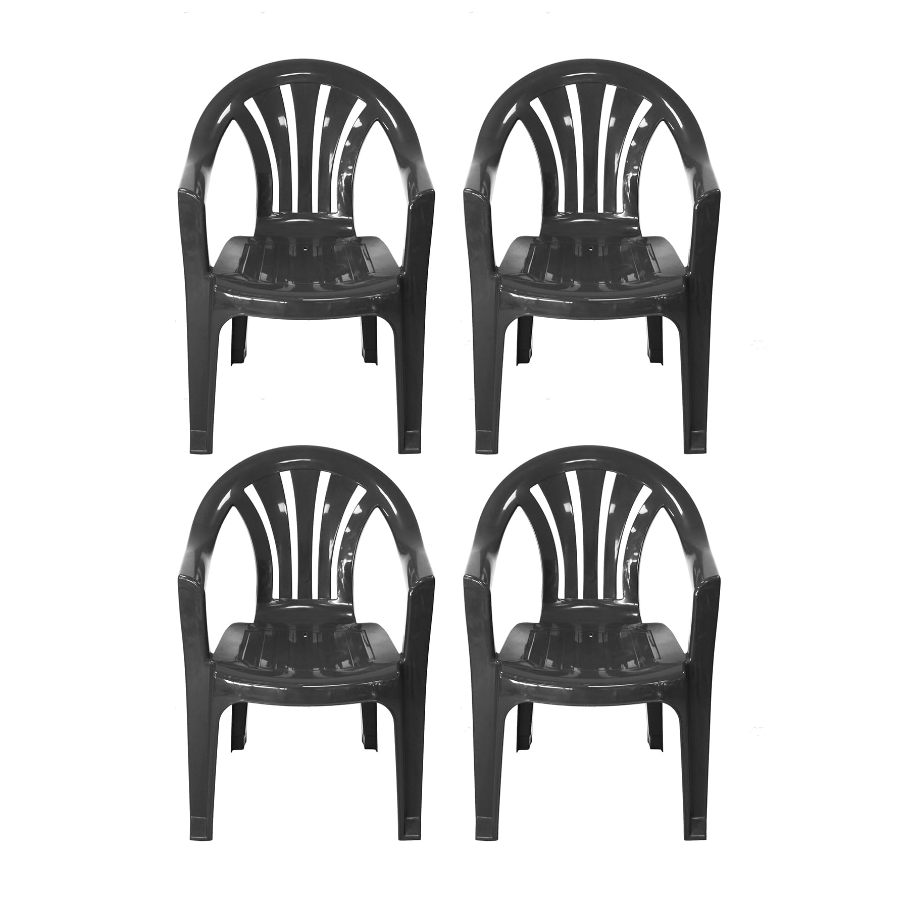 Plastic Garden Chairs - BLACK Set of 4 Chairs - Stackable with Vertical Slat Low Back Design - Indoor or Outdoor Use - Suitable for Patio, Parties, Picnics or Camping.