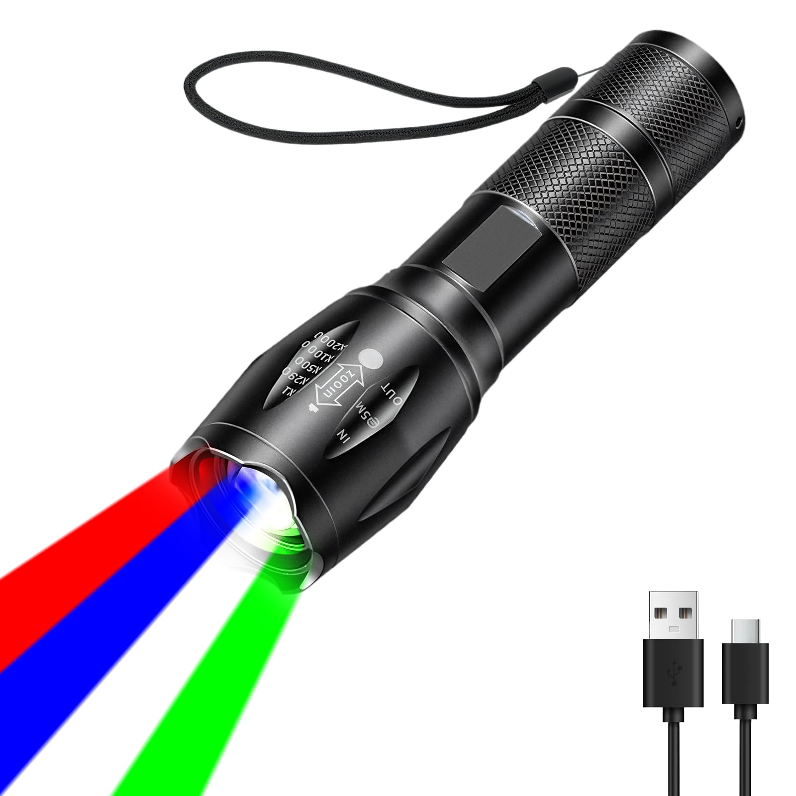LIAISIMI 4 in 1 torcia a LED con Luce Rossa, Blu, Verde, Bianca, Torcia LED Ricaricabile, Multifunzionale Torcia Elettrica con Messa a Fuoco Regolabile Torcia Impermeabile per Campeggio,Casa
