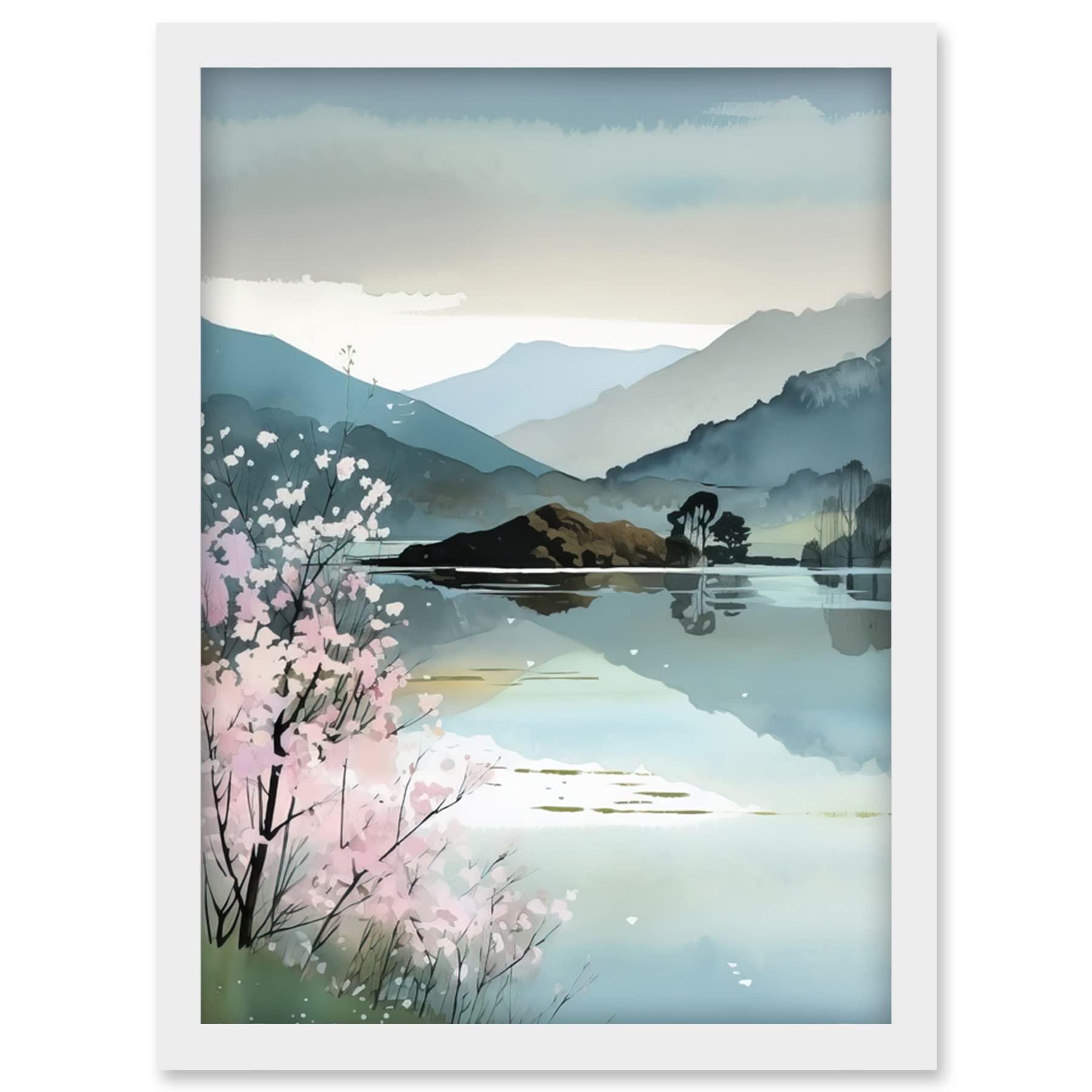Artery8 Lakeside Landscape with Cherry Blossom Tree Modern Watercolour Painting Artwork Framed Wall Art Print A4