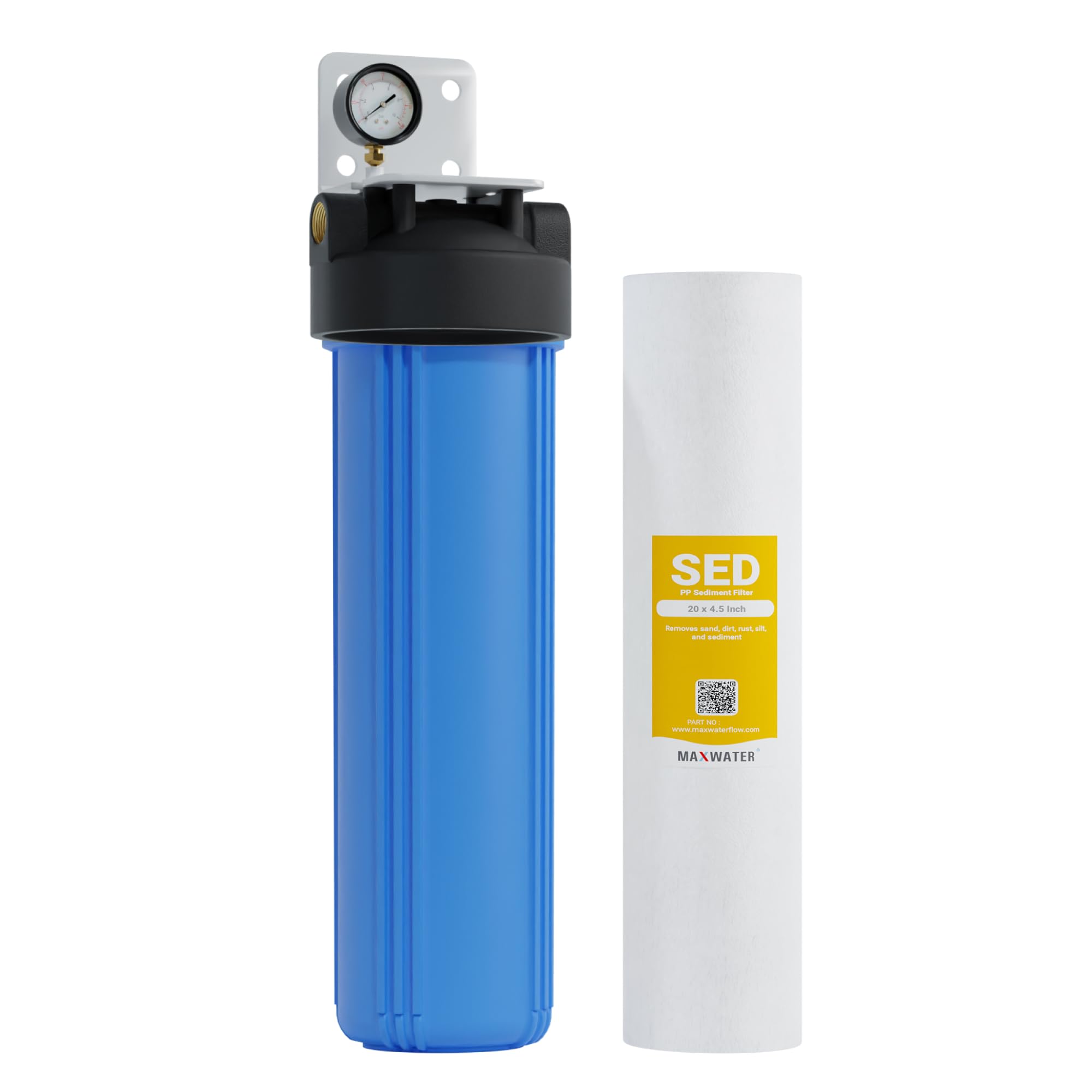 Max Water Whole House Water Filter Housing, 20" x 4.5" Sediment Carbon Cartridge Universal Housing, Pre-Filtration System for Well and City Water with