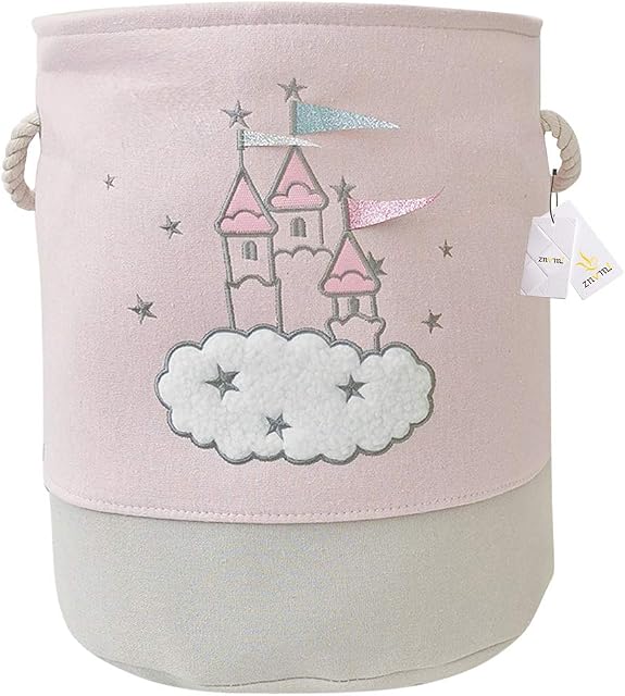 Znvmi Large Laundry Basket Kids' Toys Storage Basket Foldable Fabric Clothes Hamper Cute Cartoon Nursery Storage Box with Handles - Castle/Pink
