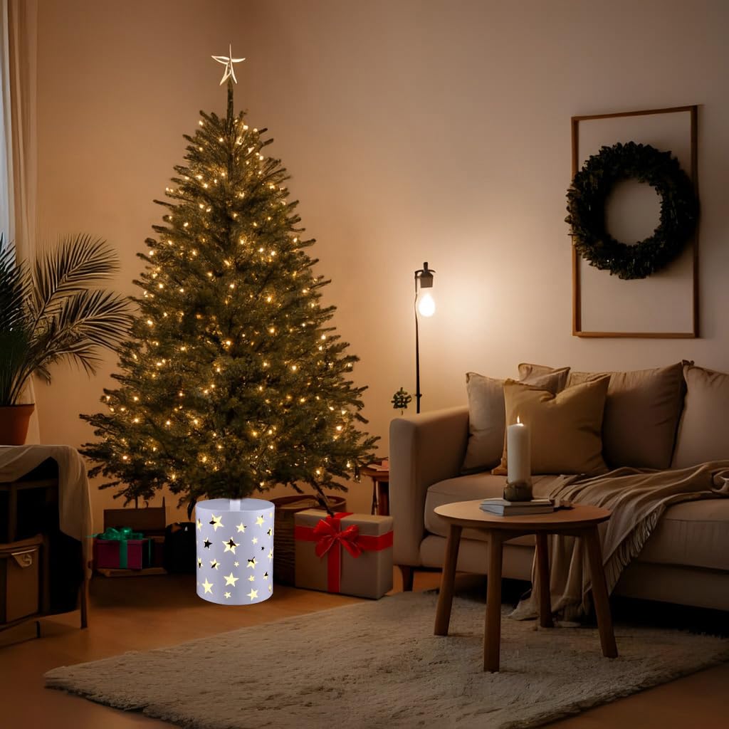 Base Supporto per Albero di Natale – Effetto Tronco Realistico, in PVC, Gancio Metallo, Supporto per Alberi, Decorazioni - Kit di Fissaggio (Base Bianca)