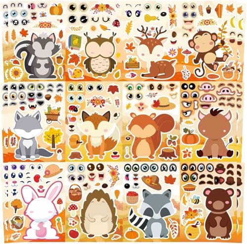 Image of 24 PCS Fall Stickers, Make-a-face Stickers,Autumn Animals Stickers for Kids | Make Your Own Animal Face Sticker Sheets, Thanksgiving Stickers for Party Favor Supplies Scrapbooking Crafts Classroom Gifts