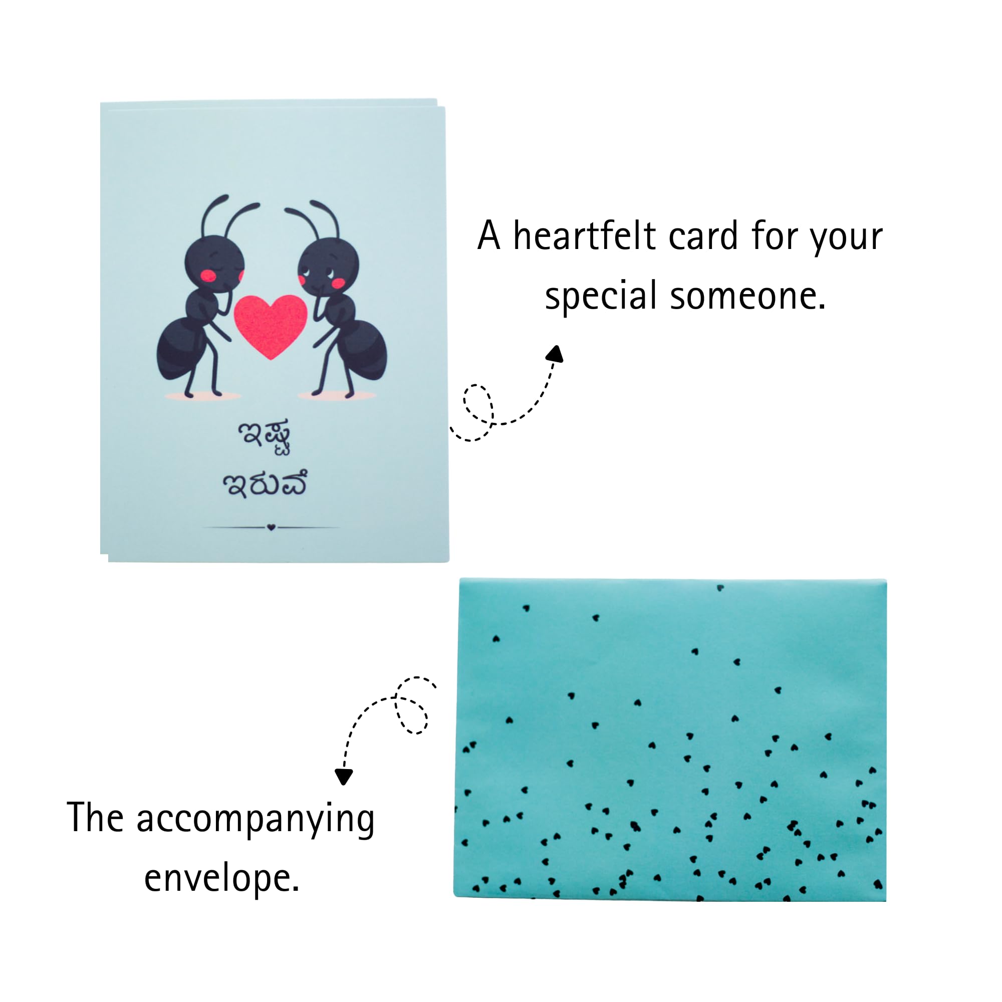 BUTTERCUP & BUBBLES Ishta Iruve Kannada Greeting Card with Cute Ants Design, Premium 350 GSM Matte Paper, 13.9 x 10.7 cm, Includes Matching Envelope 2
