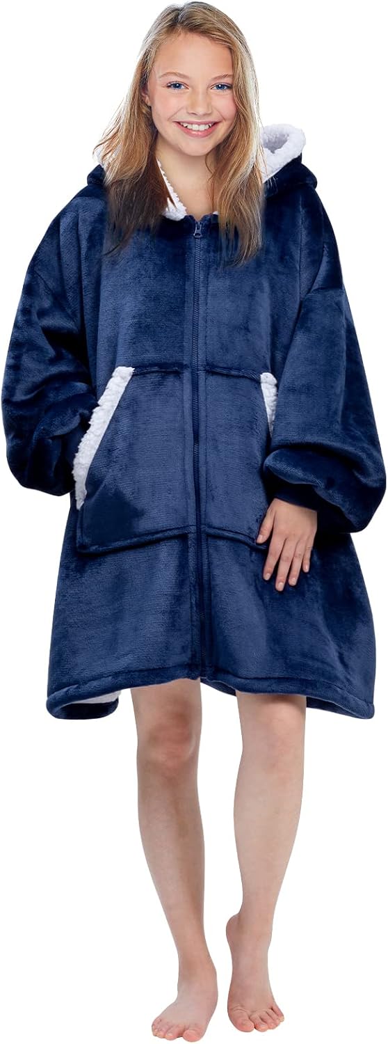 Dreamcountry Wearable Blanket for Kids, Oversized Sherpa Blanket Hoodie with Deep Pocket, Soft and Warm Blanket Sweatshirt with Comfy Sleeves, Gifts for Kid, Youth, Boys, Girls, Navy Blue