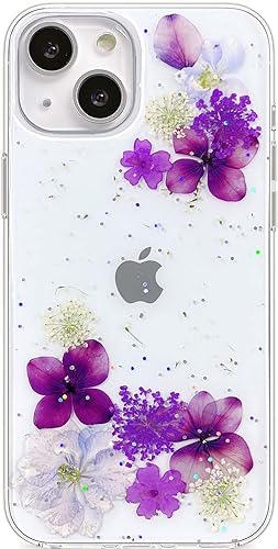 Miniatura 14 de Abbery Funda transparente para iPhone 14 con diseño de flores reales prensadas, purpurina y brillo dorado, bonito patrón floral de margaritas Dorado
