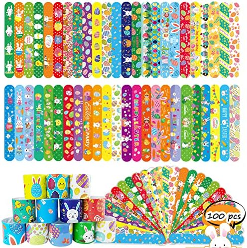 SUNPROUND 100Pcs Easter Slap Bracelets, Easter Basket Stuffers, Egg Fillers Gifts for Kids toddler boys, Easter Egg Hunt Event, Party Favors, Classroom Prizes, School Supplies